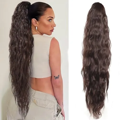 XFSRG Lange Pferdeschwanz Haarteil Extensions Wellig Lockig Haarextension Synthetik Zopf Haarverlängerung mit Kordelzug Haarteil Ponytail für Damen（Braun/76CM）
