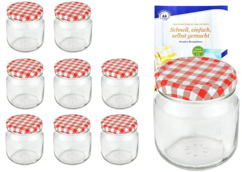 MamboCat Einmachglas 12er Set Rundglas 212 ml nieder To 66 rot karierter Deckel Rezeptheft, Glas