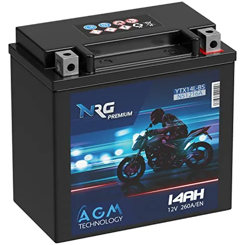 NRG Premium YTX14L-BS AGM Motorradbatterie - Hochleistungs-Motorradbatterie mit 14Ah und 260A Startstrom. Wartungsfrei, auslaufsicher und ideal für intensive Startvorgänge dank neuester AGM-Technologie.