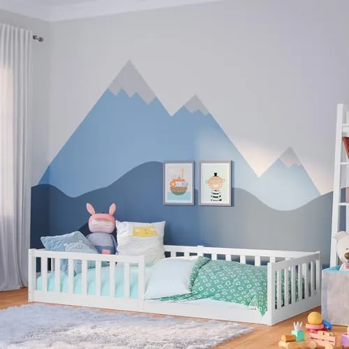 Bellabino Kinderbett Vere - Bodenbett 90x200 cm aus Kiefer Massivholz - Skandinavisches Design, ideal für Kleinkinder zur Förderung der Selbstständigkeit. Inklusive Rausfallschutz und Lattenrost, maximale Belastbarkeit 100 kg.
