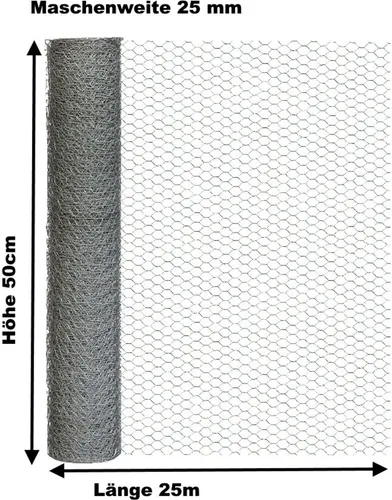 Sechseckdraht für Volieren und Kaninchen - Verzinkter Maschendraht (Höhe 75cm, Länge 25m) mit robusten sechseckigen Maschen, ideal für Kleintiergehege, Wildzäune und Rankhilfen im Außenbereich.