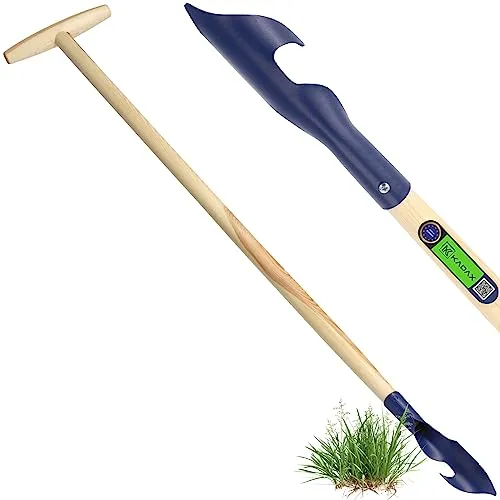 KADAX Unkrautstecher mit Holzstiel, Unkrautentferner aus Metall, Unkrautjäter mit spiralförmigem Kopf, Wurzeljäter zum Entfernen von Unkraut (L: 116 cm, Blau)
