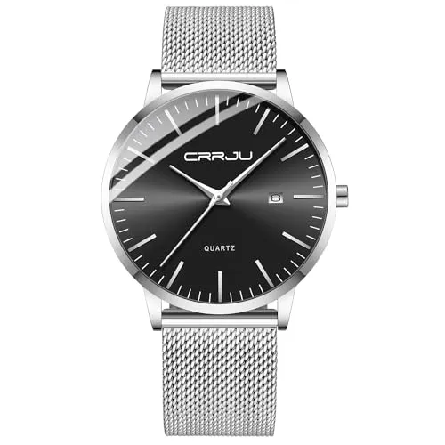 CRRJU Herren Uhr Ultra Dünne Wasserdicht Armbanduhr Herren Mode mit Schwarz Edelstahlband Mesh Analog Quarz Business Männer Uhren (Silber Schwarz)