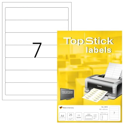TopStick 8812 Ordnerrücken Etiketten kurz schmal, 25 Blatt, 192 x 38 mm, 7 pro A4 Bogen, 175 Stück, selbstklebend, bedruckbar, blickdicht, blanko Papier Ordneretiketten Rückenschilder Aufkleber, weiß