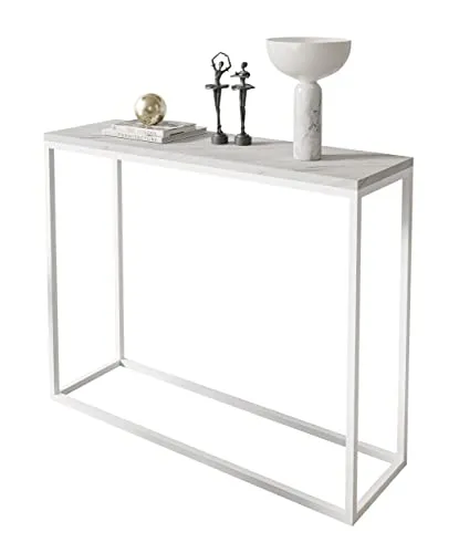 lukmebel Moderner Universal-Konsolentisch für Flur Wohnzimmer Schlafzimmer Industriestil Design laminierte Platte Platte Plus Stahlrahmen Schutzkante 30x100x80cm Weiß/Levanto-Marmor