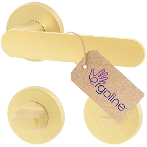 ERGO line Prima Gold Türbeschlag Türgriff für Badtüren WC, Messingfarben Matt, Gold Matt, Rund-Rosette, Drückergarnitur, Türbeschlag, Türklinke, Türdrücker