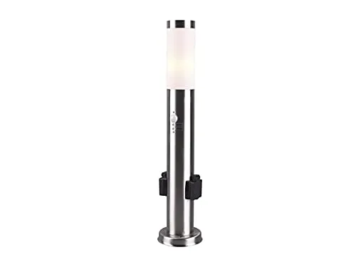 Edelstahl Außenstandleuchte mit Bewegungsmelder und Steckdosen - Lampen für vielseitige Außenbeleuchtung, ausgestattet mit Bewegungsmelder, 2 Steckdosen und IP 44 Schutzklasse - ideal für Garten und Eingangsbereich.