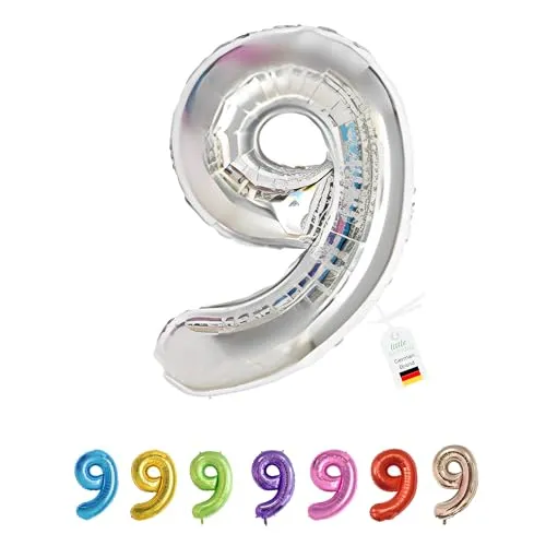 LITTLE BIRTHDAY | Zahlen Luftballon | Folienballon | Helium Gas Balloon Ballon | 101 cm | 0 1 2 3 4 5 6 7 8 9 in vielen Farben | Geburtstag | Kindergeburtstag | Deko | silber 9