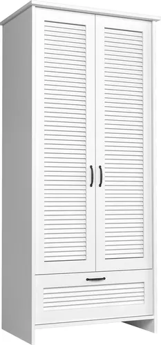Luxus Kleiderschrank Hochglanz Weiß 2-Türig - Eleganter Garderobenschrank für das Schlafzimmer, mit 2 Türen und 1 Schublade. Hochwertige Holzfurnier-Oberfläche, modern und stilvoll. Ideal für eine ordentliche Aufbewahrung.