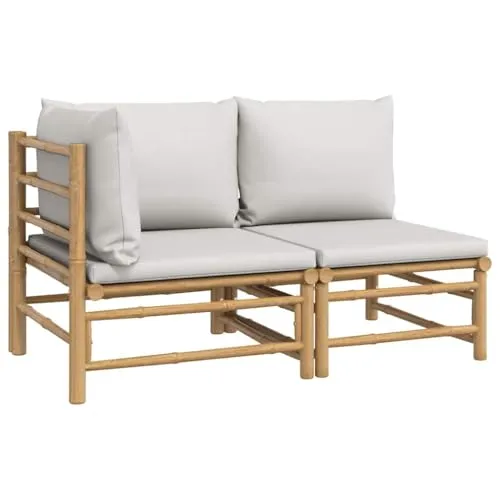 vidaXL 2-tlg. Garten-Lounge-Set mit hellgrauen Kissen aus Bambus - Gartenmöbel aus robustem Bambus, ideal für entspannte Stunden im Freien mit bequem gepolsterten Kissen für maximalen Komfort.
