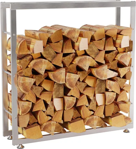 CLP Kaminholzständer Keri V2 Edelstahl 25x100 cm - Aschesauger und stilvoller Kaminholzständer aus hochwertigem Edelstahl, stabil mit 3 Querstreben für sicheren Halt und verstellbaren Bodenschonern für optimale Anpassung an Unebenheiten.