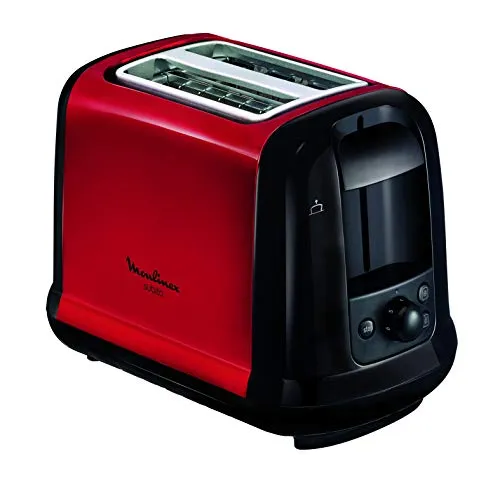 Moulinex LT260D11 Subito Toaster - Toaster mit 7 Bräunungsstufen, Aufwärm- und Auftaufunktion, ideal für perfektes Toasten in Schwarz/Edelstahl Rot.