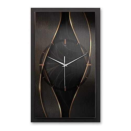 Kreative Feder 3D Designer-Wanduhr Black & Gold in modernem Metallic-Look 50x30cm rechteckig analog lautlos ohne Ticken (Black & Golden Waves, leises Funkuhrwerk)