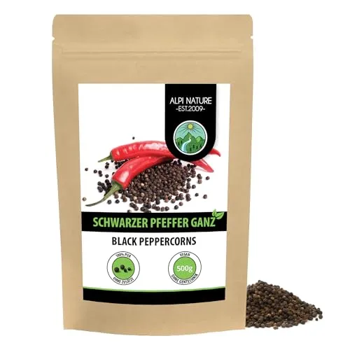 Alpi Nature Schwarzer Pfeffer ganz 500g, Pfeffer schwarz ganz, Pfefferkörner schwarz, schwarze Pfefferkörner