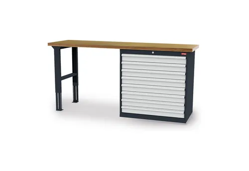 STIER Werkbank 2000x600 mm mit Schrankgehäuse - Robuste Reihenwerkbank für Werkstatt und Industrie, ausgestattet mit höhenverstellbarem Fußgestell, 9 Schubladen mit 100% Auszug und 5 Jahre Langlebigkeits-Garantie.