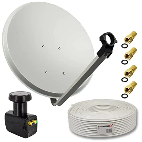 PremiumX Satelliten-Komplettanlage 60cm - SAT-Antenne für bis zu 2 Teilnehmer, inklusive hochwertigem 50m Antennenkabel und vergoldeten F-Steckern für optimale Signalqualität. Ideal für HDTV und 3D TV.