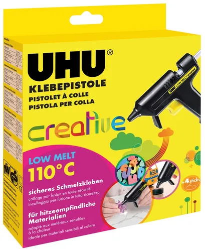 UHU Heißklebepistole Creative, Low Melt - Heißklebepistole für sicheres Arbeiten mit kurzer Aufheizzeit von 3-5 Minuten. Ideal für hitzeempfindliche Materialien und inklusive 4 Klebesticks.