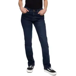 Queen Kerosin Motogear Dark Blue Damen Motorrad Jeans, Größe 32 - Stilvolle Motorradhose im Five-Pocket-Style mit bestickten Gesäßtaschen. Ideal für modebewusste Fahrerinnen, die Komfort und Design schätzen.