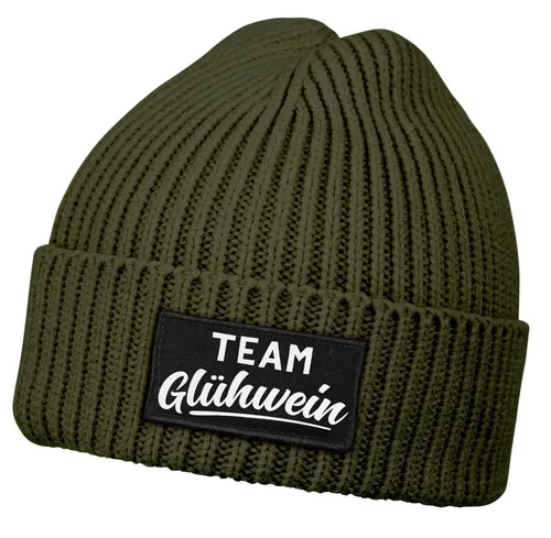 MoonWorks Strickmütze Damen Beanie mit Patch Strickmütze mit Spruch Team Glühwein Aufdruck