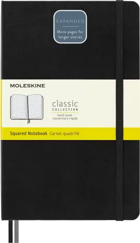 Moleskine Classic Expanded Squared Paper Notebook - Schwarz - Hochwertiges Tagebuch mit 400 Seiten, elastischem Verschluss und 2 Lesezeichen. Perfekt für Notizen und kreative Ideen, liegt flach auf und öffnet bis zu 180°.