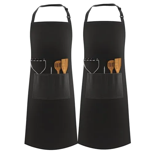 LEFUNDA® 2 Stück Kochschürze Wasserdicht Schürze mit 3 Taschen Verstellbare Grillschürze mit langen Bändern Küchenschürze für Männer Damen Küche BBQ Restaurant Café
