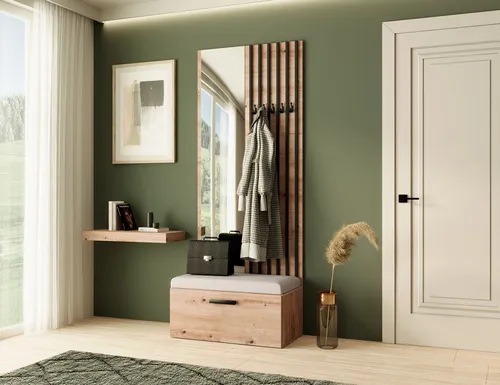Garderobe MARGARET II mit Spiegel - Moderne Garderobe mit Schuhschrank und Spiegel, pflegeleichte Materialien und stilvolle Lamellen für optimalen Komfort und Ordnung im Flur.
