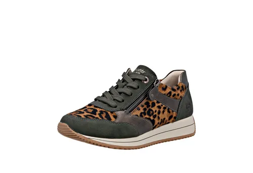 Keilsneaker REMONTE für Damen, Gr. 38, braun (khaki, leo) - Sportliche Sneaker aus Leder und Lederimitat mit animal-print, Innenreißverschluss und bequemem Softfußbett für optimalen Tragekomfort.