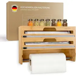 EXITOSO NEU 3 in 1 Folienschneider aus Bambus - Praktischer Rollenhalter für Küche, schneidet Frischhaltefolie, Alufolie und Küchenpapier mit scharfen Klingen. Platzsparendes Design, einfach zu montieren, auch ohne Bohren.
