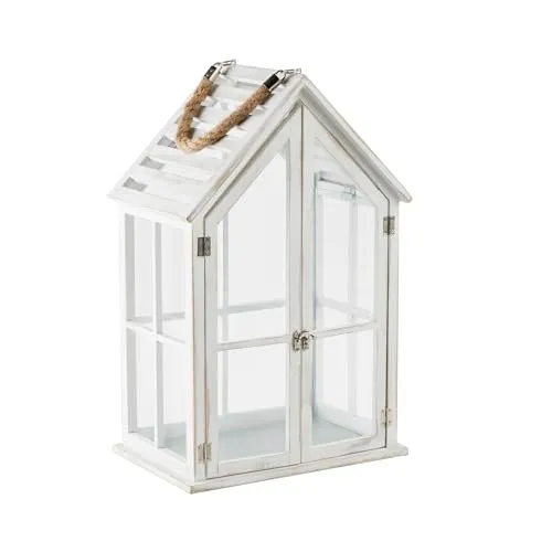 home&you - Laterne Homesi, Gartenlaterne, Windlicht Haus, Holzlaterne mit Glaseinsätzen, Deko Garten Balkon, Wetterfest, 51.5 x 21.5 x 32 cm, Holz Metall Glas - Weiß