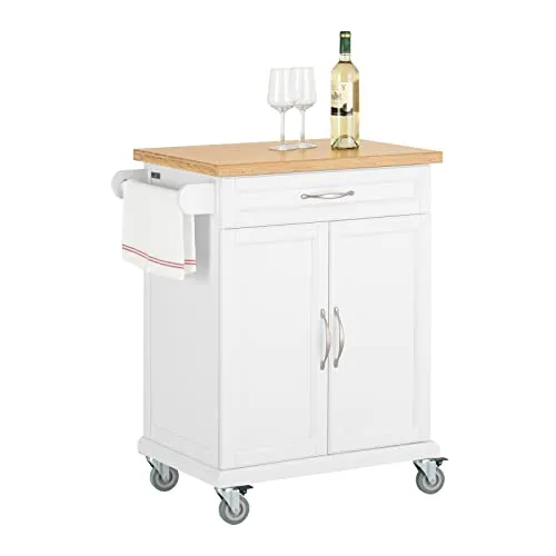 SoBuy Küchenwagen FKW13, Servierwagen mit Bambustischplatte - Ordnungswagen mit 1 Schublade, aus Holz und MDF/Bambus, ideal für die Küche oder den Essbereich, bietet zusätzlichen Stauraum und eine elegante Arbeitsfläche.