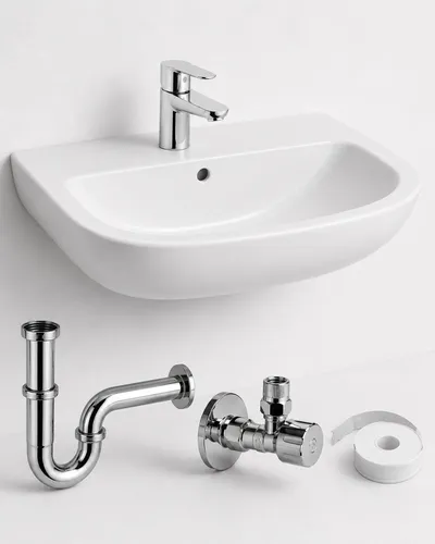 BADfabrik24 Waschtisch-Set 600 × 460 mm Weiß mit GROHE BauEdge Armatur