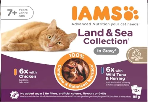 IAMS Delights Senior Katzenfutter Nass - Multipack mit Huhn und Fisch in Sauce, hochwertiges Nassfutter für ältere Katzen ab 7 Jahre, 12 x 85 g