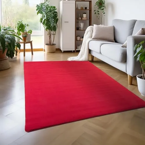Carpettex Teppich Wohnzimmer Anti-Rutsch Teppich Waschbar in Waschmaschine 60 x 110 cm Teppich Läufer Rot - Moderner Flauschiger Kurzflor Teppich Extra Weich Schlafzimmer küchenläufer Flur Teppich