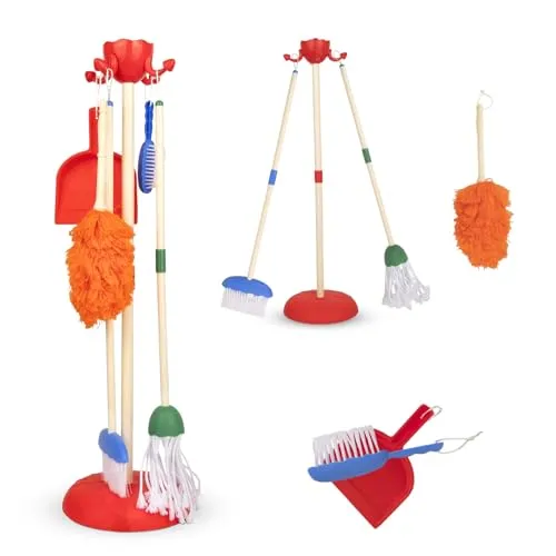Playkidiz 6 Teilig Putzset Für Kinder - Reinigung Set Schließt EIN Mop, Bürste, Kehrschaufel Und Organizer-Ständer, Kunststoff-Spielhilfe, Reinigungsspielzeug Für Kleinkinder