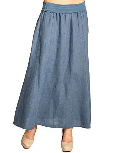 Caspar RO019 Damen Langer Maxi Sommer Leinenrock, Farbe:Jeans blau, Größe:L - DE40 UK12 IT44 ES42 US10