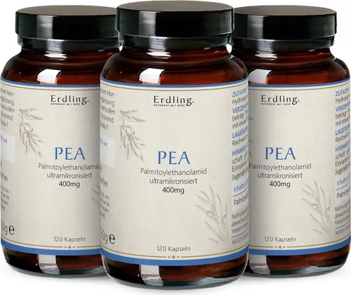 Erdling PEA - Palmitoylethanolamid 3x120 Stück - Erdling PEA-Kapseln – 400 mg ultramikronisiertes PEA für Dein Wohlbefinden. Hochreines Produkt ohne Zusatzstoffe, vegan und in UV-geschütztem Glas verpackt. Ideal für die tägliche Unterstützung.