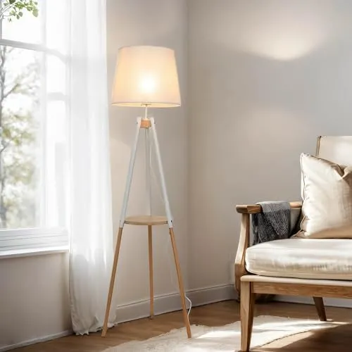 Produktbild Helle Stehlampe Creme Weiß Echt Holz 148cm