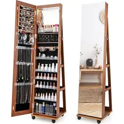 COSTWAY Schmuckschrank mit Rollen, Spiegelschrank abschließbar mit LED-Leuchten & verstellbaren Ablagen, Standspiegel Schmuckregal Ganzkörperspie... - Braun