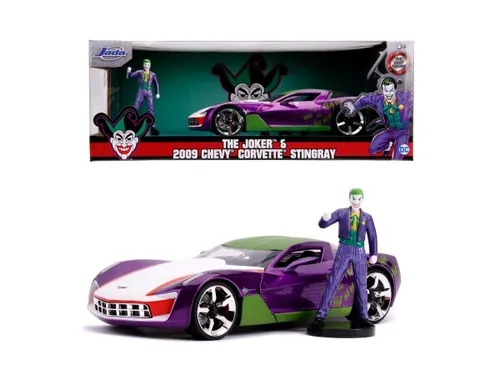 Jada Toys Chevy Corvette Stingray 2009 mit Joker Figur - Miniatur Motorfahrzeug-Modelle mit detaillierter Druckguss-Karosserie, öffnenden Türen, Kofferraum und Motorhaube sowie einer exklusiven Joker Figur.