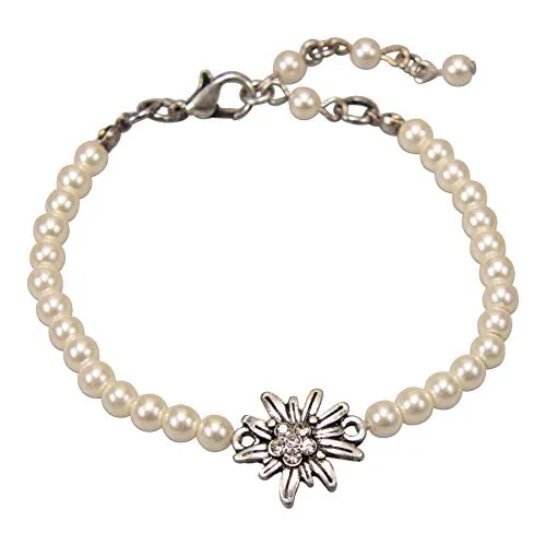 Alpenflüstern Perlen-Trachten-Armkette Strass-Edelweiss - Damen-Trachtenschmuck mit antik-silber-farbenem Trachten-Edelweiss, Trachten-Armkette, Perlenarmband creme-weiß DAB074