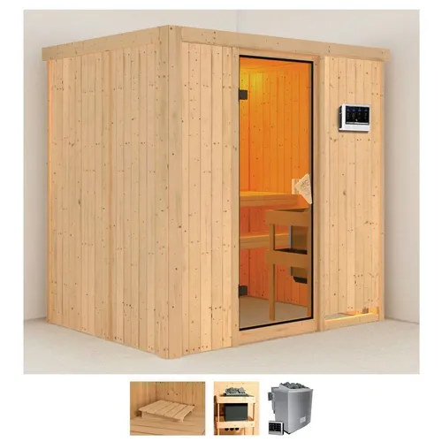 Karibu Sauna Bedine, 196 x 151 x 198 cm, 9 KW-Bio-Ofen - Genießen Sie Ihre persönliche Auszeit in der Karibu Sauna Bedine. Mit hochwertigem Bio-Ofen für ein angenehmes Ambiente und individuelle Anpassung an Ihre Entspannungsbedürfnisse.