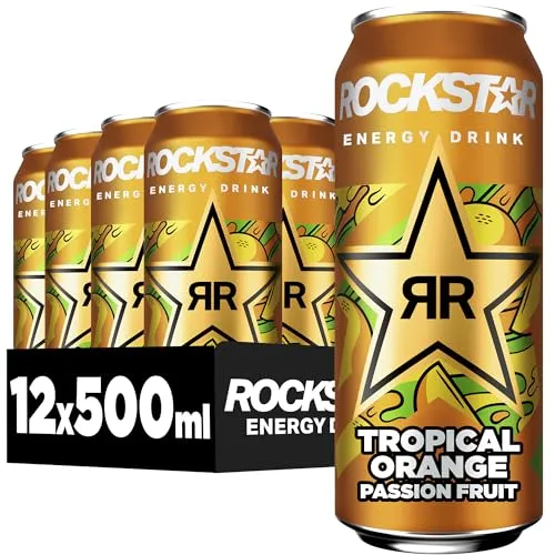 Rockstar Energy Drink Tropical Orange Passion Fruit Geschmack - Koffeinhaltiges Erfrischungsgetränk für den Energie Kick, EINWEG (12 x 500ml)