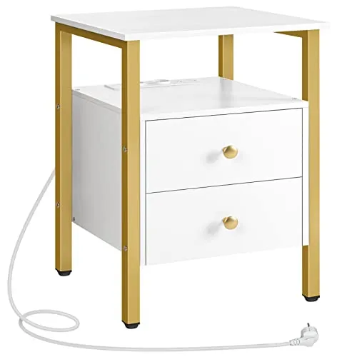 HOOBRO Nachttisch mit Ladestation, Beistelltisch, Sofatisch mit 2 Schubladen, Couchtisch mit USB-Anschlüssen für Wohnzimmer, Schlafzimmer, Modern, 40 x 40 x 61 cm, Weiß und Gold EDW43CBZ01G2
