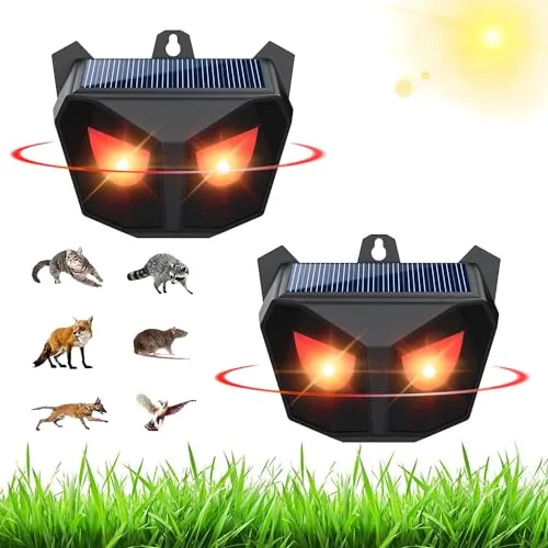 WUGEIN Ultraschall Solar Tiervertreiber mit rotes LED-Licht | Predator Eye Nacht solarbetriebene Tier Repeller - 2 Pack | Gegen Wildtiere wie Waschbären, Rehe, Füchse, Wildschweine u.v.m.