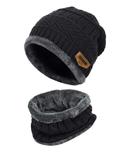 K.tchard Kinder Wintermütze Beanie Hut mit Schal Set Slouchy Strickmütze Warme Knit Skull Cap Fleecefutter Hat 2-8 Jahre