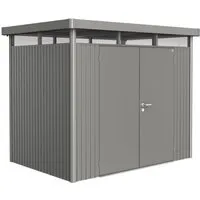 Biohort Metall-Gerätehaus HighLine 4,6 m² Quarzgrau-Metallic mit Doppeltür - Gerätehäuser: Modernes und langlebiges Metall-Gerätehaus mit stabiler Konstruktion, großzügiger Doppeltür und praktischen Regalböden für optimale Aufbewahrung.