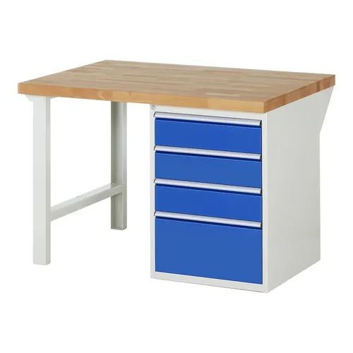 Rau Werkbank 7510A1 - Robuste Standardwerkbank mit 4 Schubladen - Standardwerkbank, Buche-Massiv-Arbeitsplatte, 40 mm stark, extrem belastbar und langlebig. Ideal für Werkstätten und Hobbyräume mit viel Stauraum durch 4 praktische Schubladen.