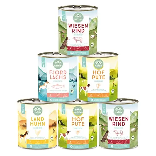 naftie Bio Hundefutter Mischpakete - Nassfutter Menüs Spar-Pakete - glutenfrei - purinarmes Futter - nachhaltig regional - 6X 800g