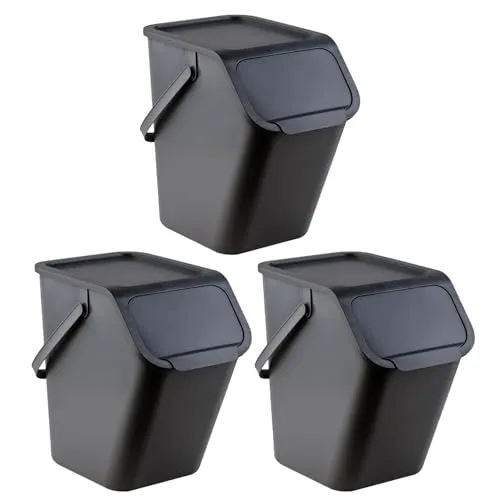 Go Practic Küchen Mülleimer 3x 25L Schwarz mit Deckel, für Gemischte Abfälle, Mülltrennsystem für Recycling, Abfallbehälter zur Trennung, Click-Funktion, Kunststoff Abfallbehälter zur Mülltrennung