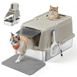 FEANDREA Katzentoilette XL aus Edelstahl mit Deckel und 2 Eingängen - Hochwertige Katzentoilette für bis zu 15 kg, aus kratzresistentem Edelstahl, mit klappbarem Deckel für einfache Reinigung und auslaufsicherem Design. Ideal für ein sauberes Zuhause!